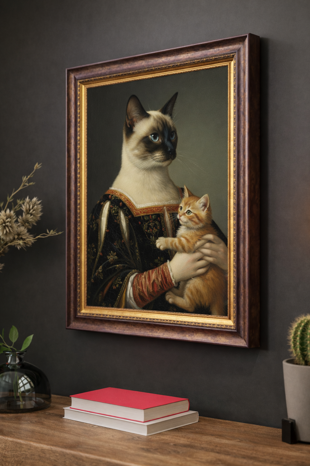 Renaissance Cat and Kitten Wall Art – Vintage Royal Cat Canvas Print – Classical Portrait Poster
