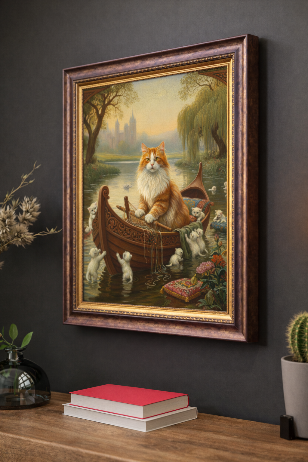 Fantasy Cat Boat Wall Art – Storybook Cat Canvas Print – Vintage River Cat Painting Poster