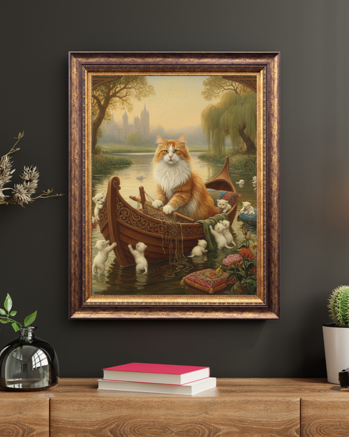 Fantasy Cat Boat Wall Art – Storybook Cat Canvas Print – Vintage River Cat Painting Poster