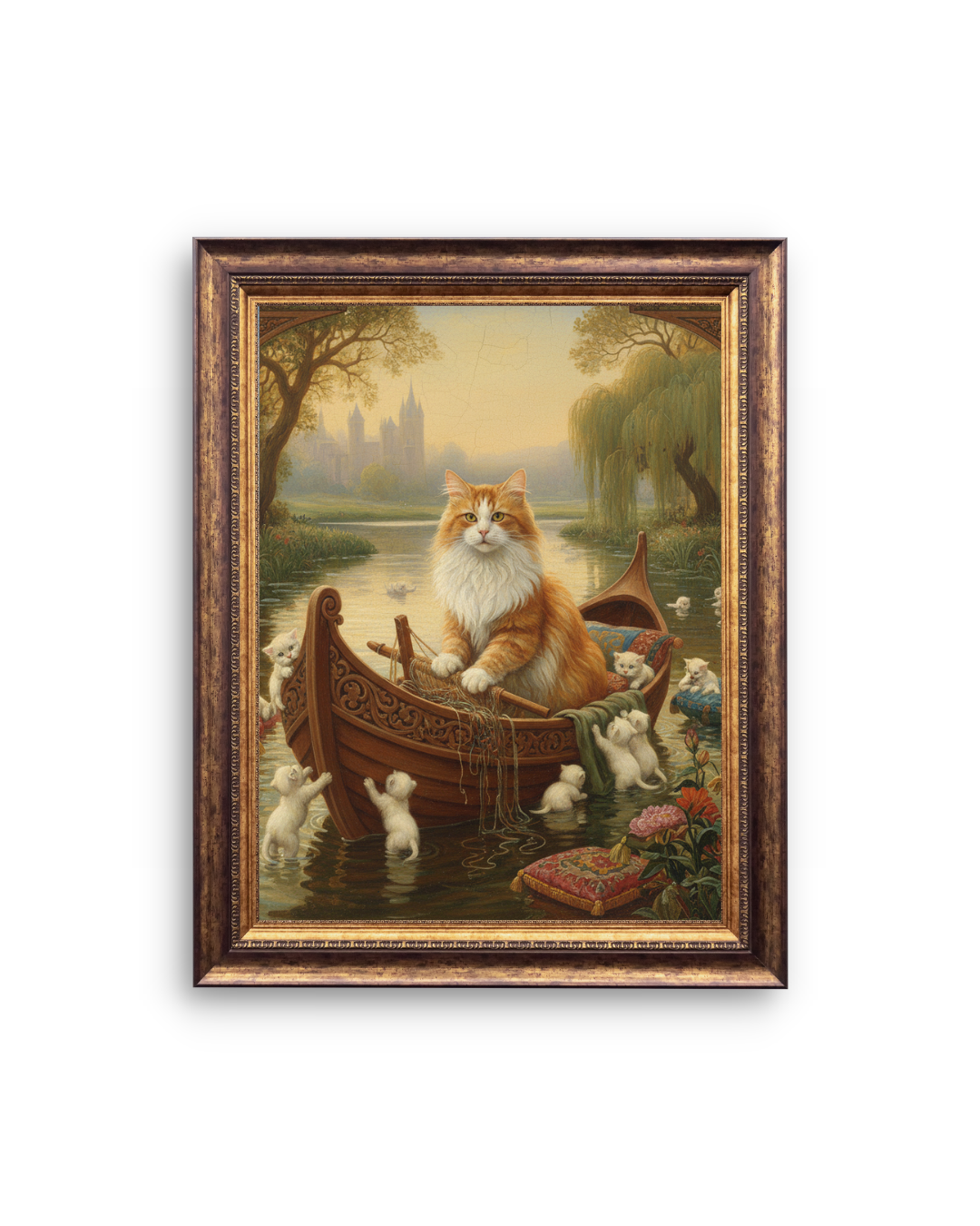 Fantasy Cat Boat Wall Art – Storybook Cat Canvas Print – Vintage River Cat Painting Poster
